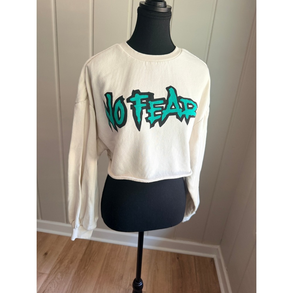 No Fear x H&M Cropped Sweatshirt Cream Teal Graphic Pullover Womens S/M